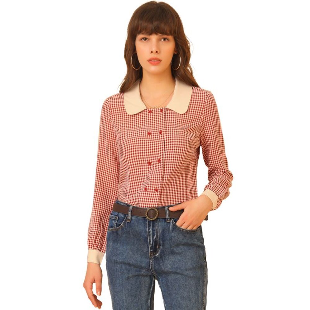 Contrast Peter Pan Collar Blouse Gingham Long Sleeve Button Down Shirt Red